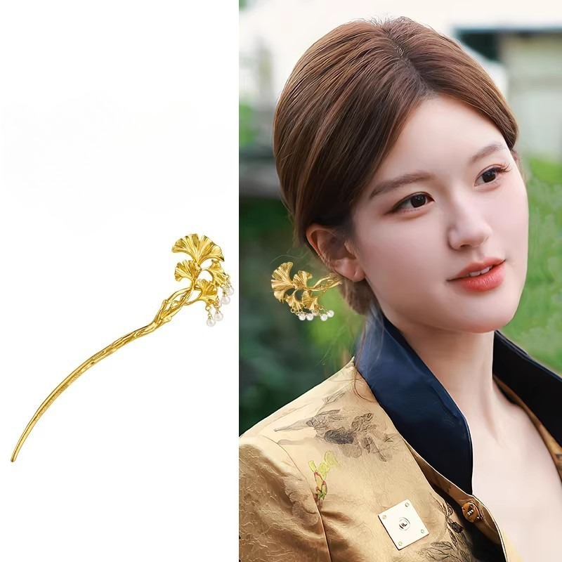 Hanbok Hair Pin - 1PC Elegant Golden Ginkgo Leaf Hair