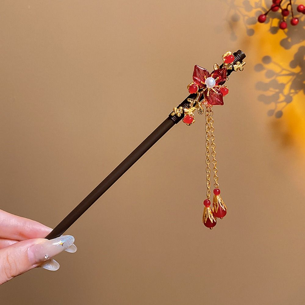 Hanbok Hair Pin - Classical Flower Wooden Hair Stick Red