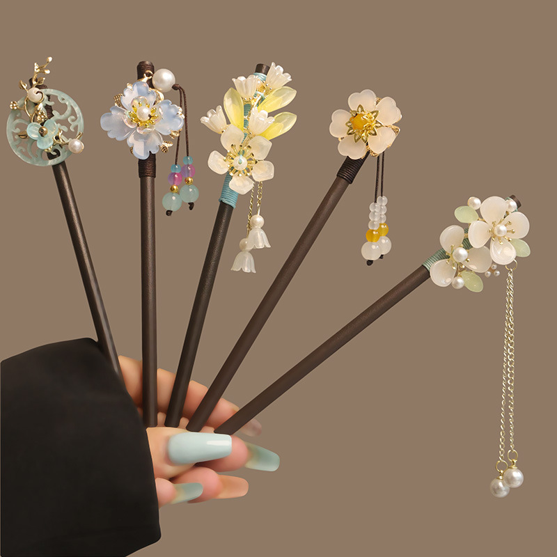 Hanbok Hair Pin - Flower Tassel Pearl Hair Sticks Wooden
